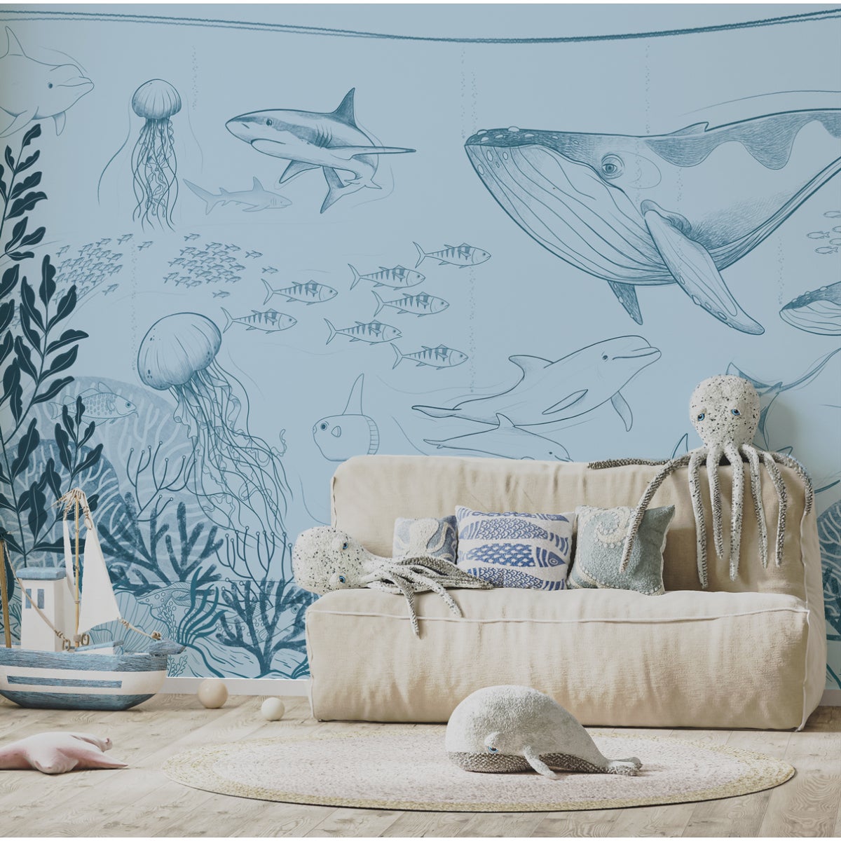 Papier peint panoramique enfant baleines 225 x 250 cm
