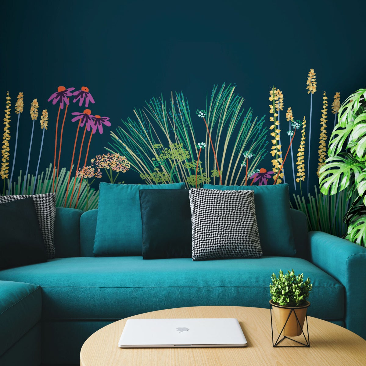 Papel pintado panoramico de jardín de flores 150x250 Azul noche