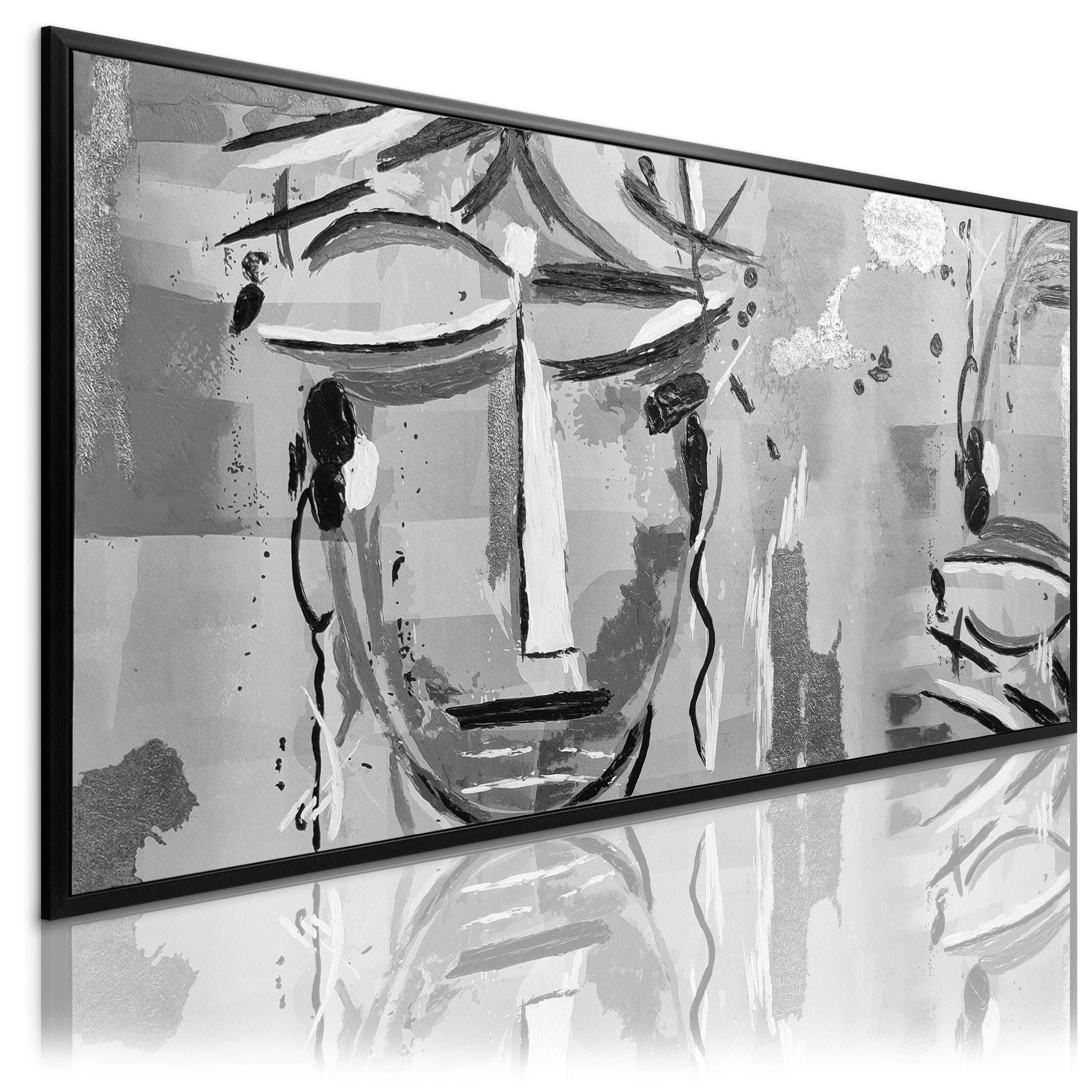 DeKoArte - Tableau abstrait peint à la main 140 x 70 cm, VISAGES CRÉPUSCULE  ABSTRAIT - Tableau moderne avec cadre argenté