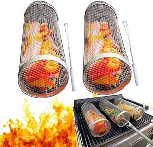 [Paniers de gril de Barbecue en acier inoxydable roulant panier de cuisson  grille de cuisson ronde Barbecue feu de camp grille pour pique-nique