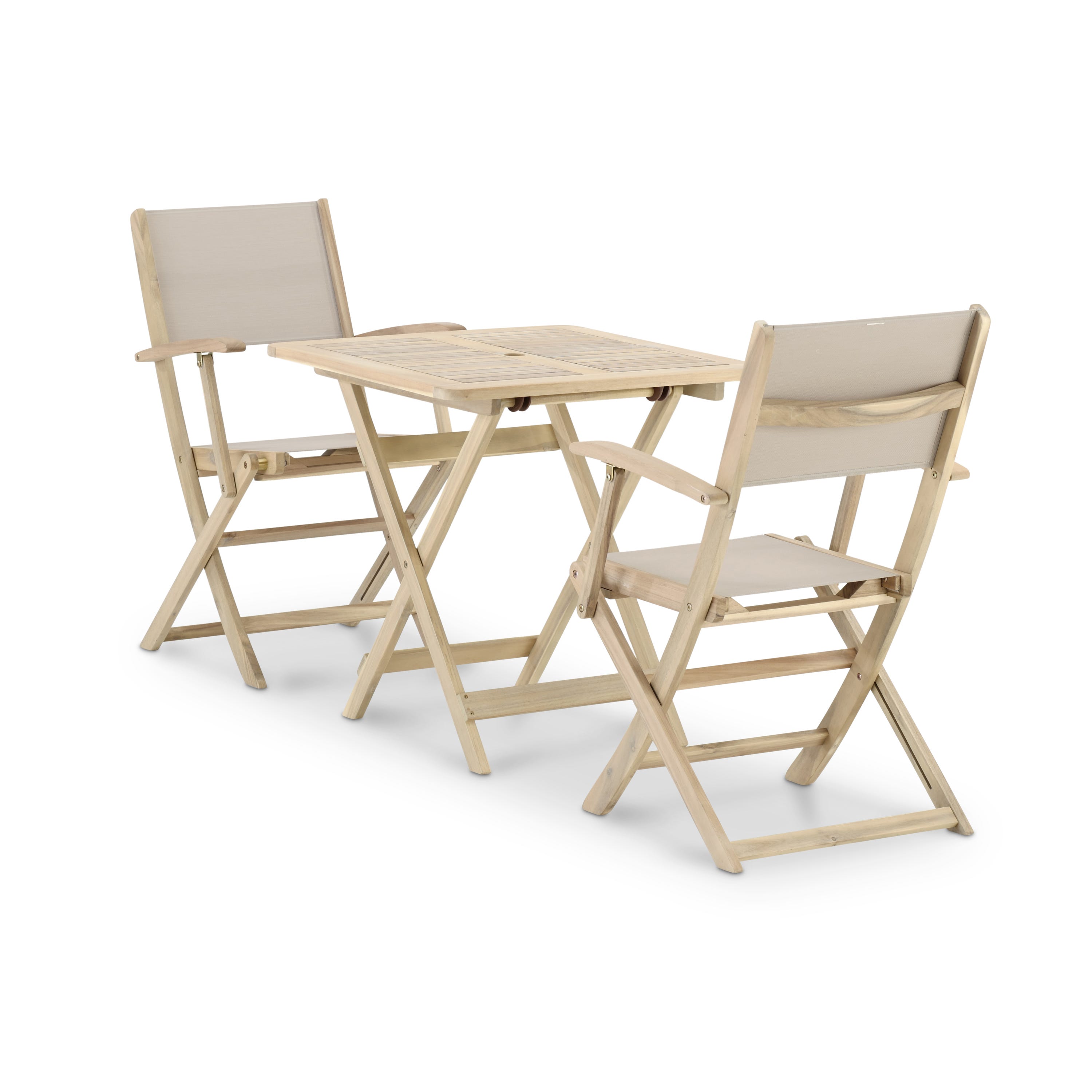 Conjunto de balcón terraza mesa plegable 70x70 + 2 sillas con brazos - Java  Light