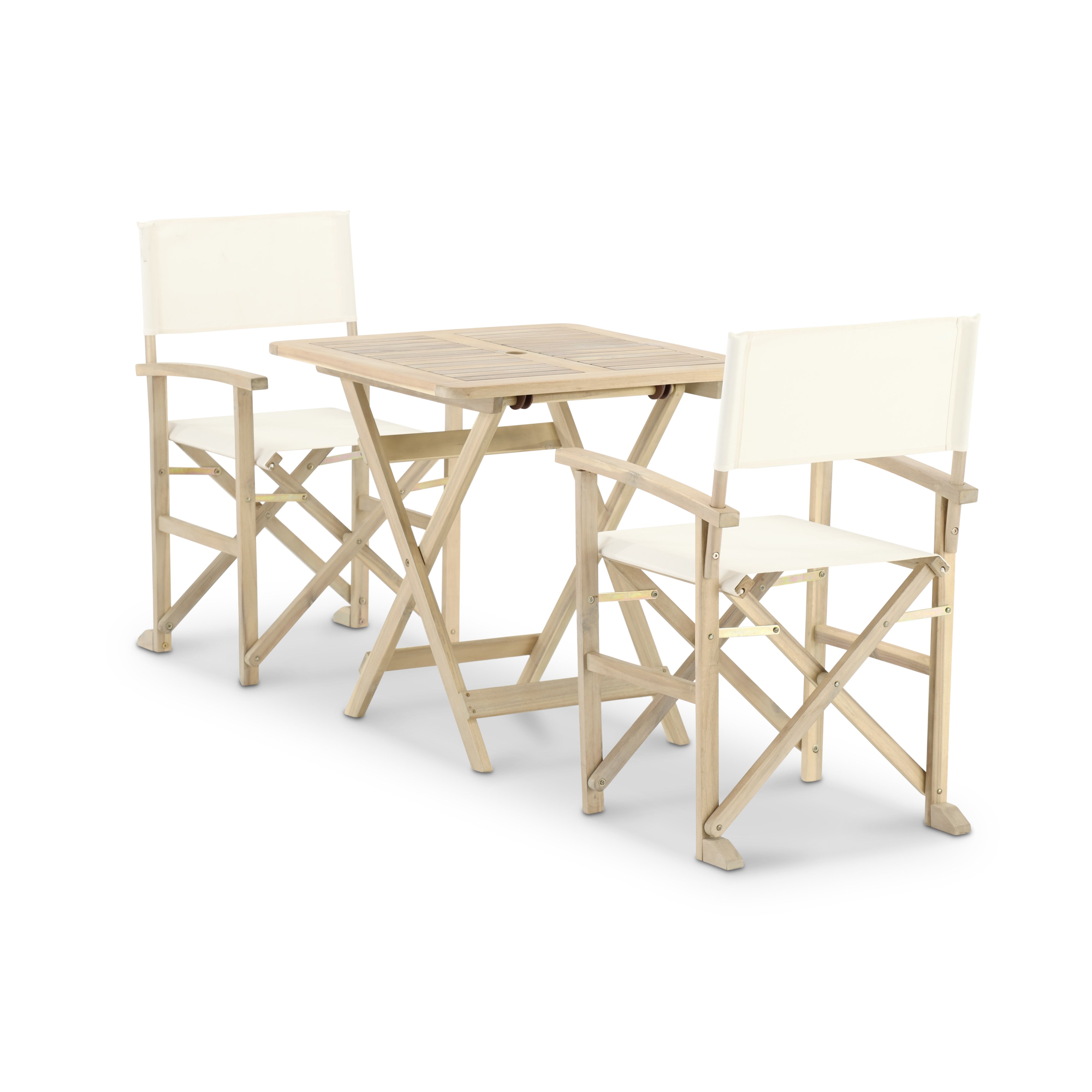 Conjunto de balcón terraza mesa plegable 70x70 + 2 sillas madera y  textileno beige - Java Light