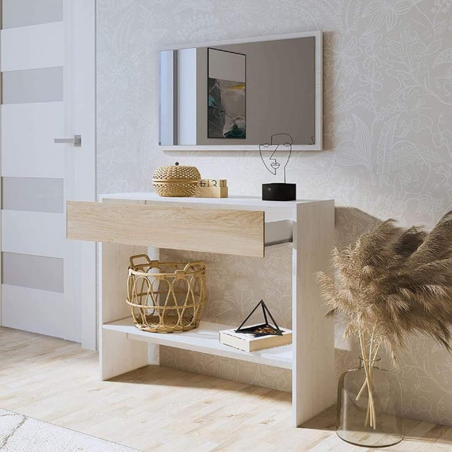 Mueble recibidor con espejo de pared DARCY. 91,5x85x27,9 cm. Consola con  cajón y estante inferior.