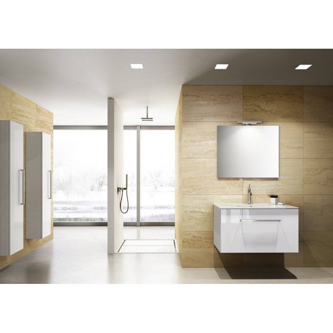 Mobile bagno sospeso bianco lucido serie Kio con lavabo e specchio cm. 90