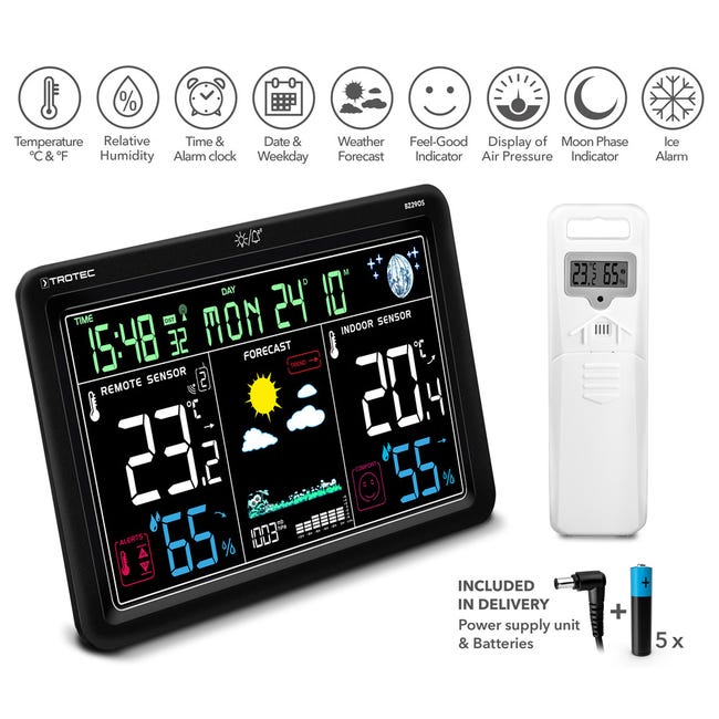 Station météo radio | Écran couleur | Alarme | Météo avec calendrier |  Affichage de la température intérieure et extérieure | Hygromètre |  Thermomètre