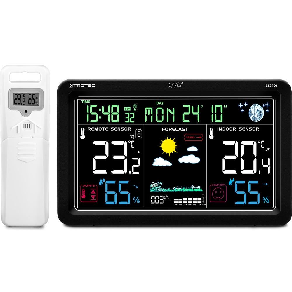 TROTEC Station météo BZ29OS avec capteur extérieur et écran couleur  alimentation secteur ou piles, thermomètre intérieur extérieur, capteur  baromètre