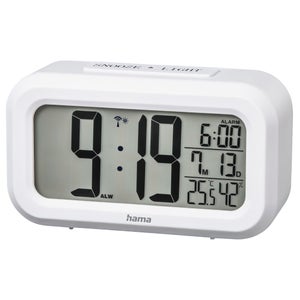 Reloj de Pared Digital Radio Controlado - Calendario - 6 Idiomas - 2  Alarmas - Temperatura Ambiente - Pared o Base - 24 x 14CM - Motivo Madera