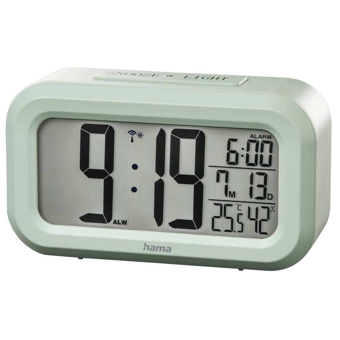 Hama, Reloj digital con radio (radio despertador digital, iluminación LED,  función reloj, fecha, temperatura y humedad, función alarma) Verde menta