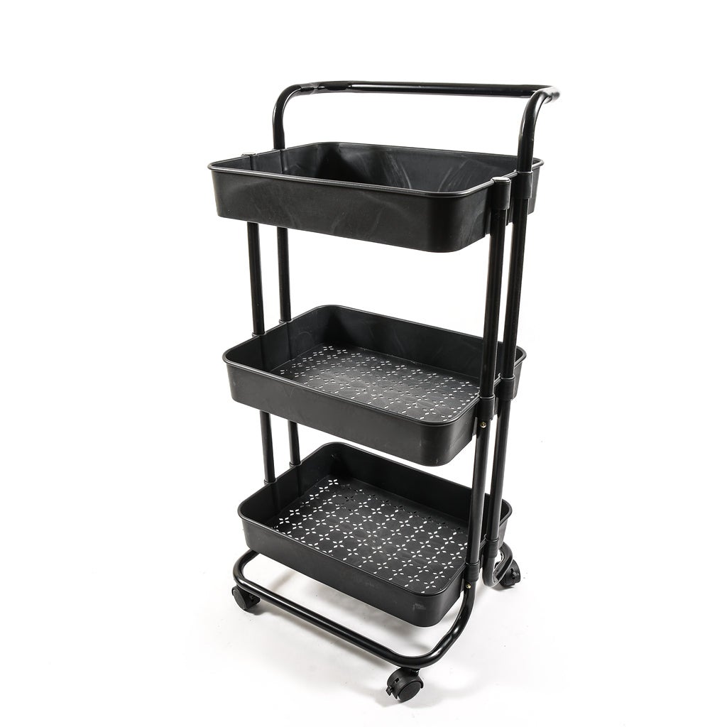 Carrello in metallo e plastica con 3 ripiani e ruote scaffale multiuso da  85 cm / Nero