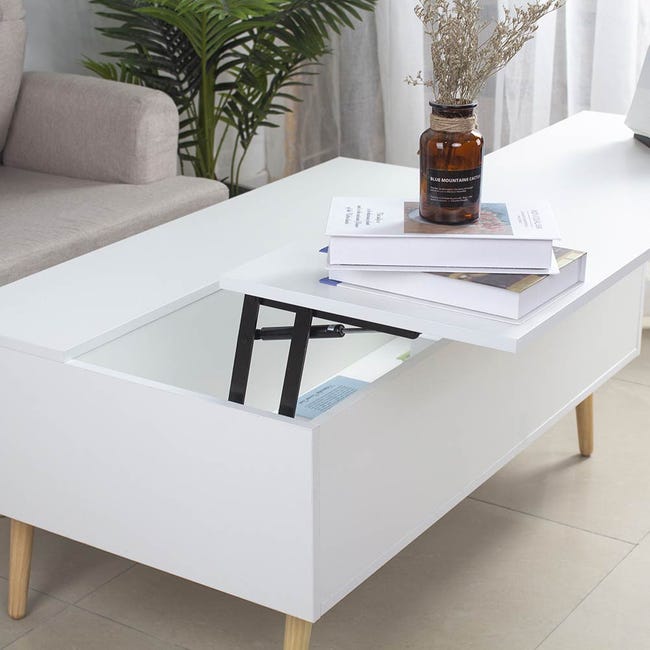 Tavolino Soggiorno con Rialzo Contenitore Tavolo Salotto Moderno Apribile  Bianco