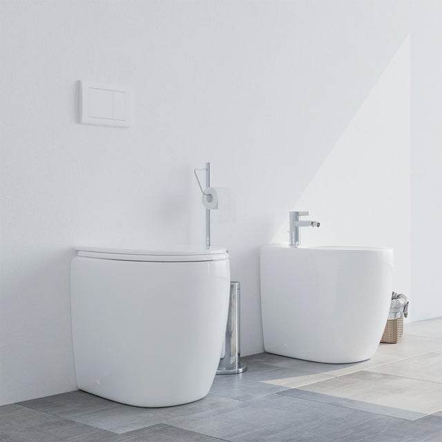 Set WC Con Bidet A Terra - Vaso Rimless (senza Brida), Coprivaso A Chiusura Soft, Colore Bianco, Moderno