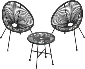 Salon de jardin extérieur, Ensemble de 3 meubles, 2 chaises, 1 table verre trempé Noir