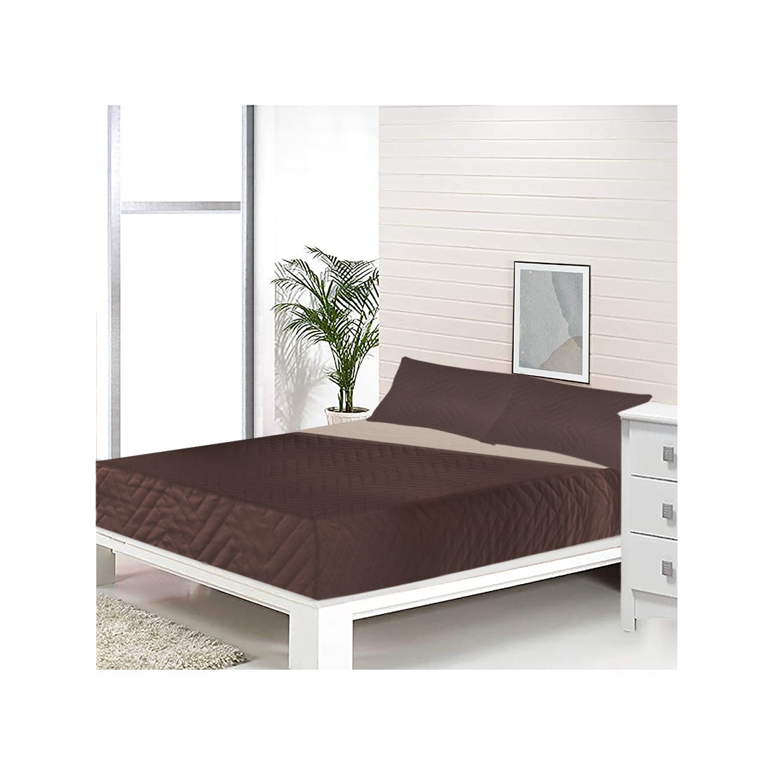 Acomoda textil - colcha bouti reversible termosellada + funda de cojín 50x70 cm para dormitorio. (marrón, cama 150 cm)