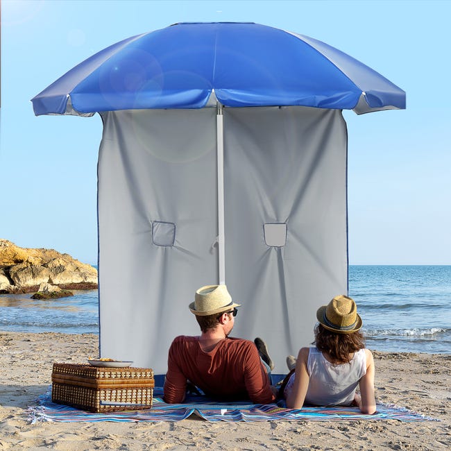 Silla de playa con parasol azul y gris