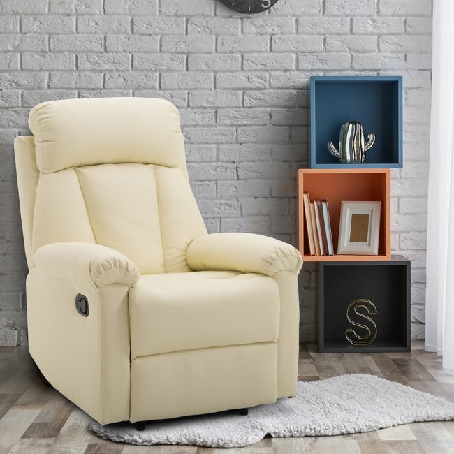 HOMCOM Sillón reclinable de poliuretano con reposapiés, sillón con respaldo  ajustable de 135°, base de madera giratoria, asiento acolchado y