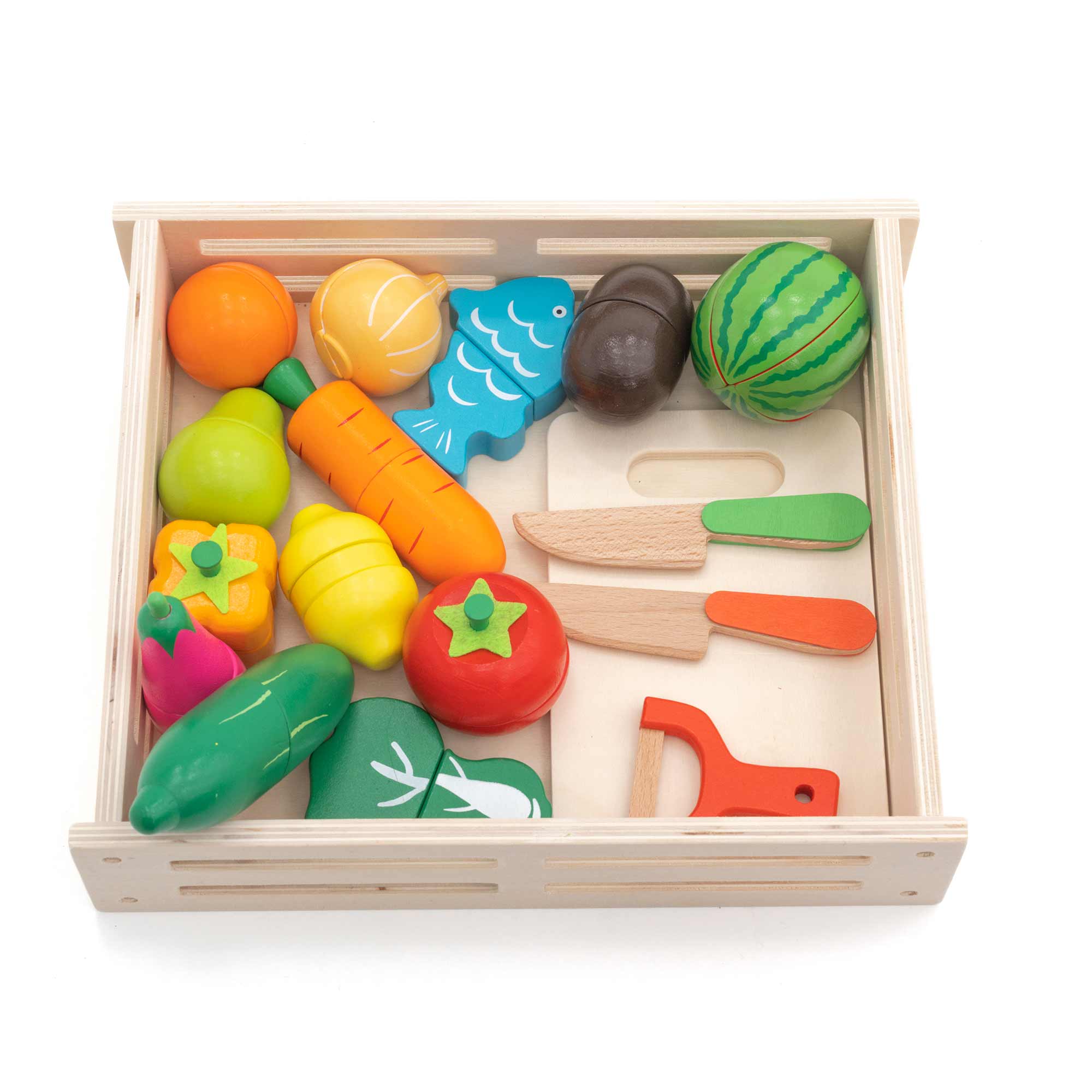 Cassetta di Cibo Giocattolo Montessori Robincool Eco Fruit Fabbricato in  Legno Ecologico 17 accessori inclusi