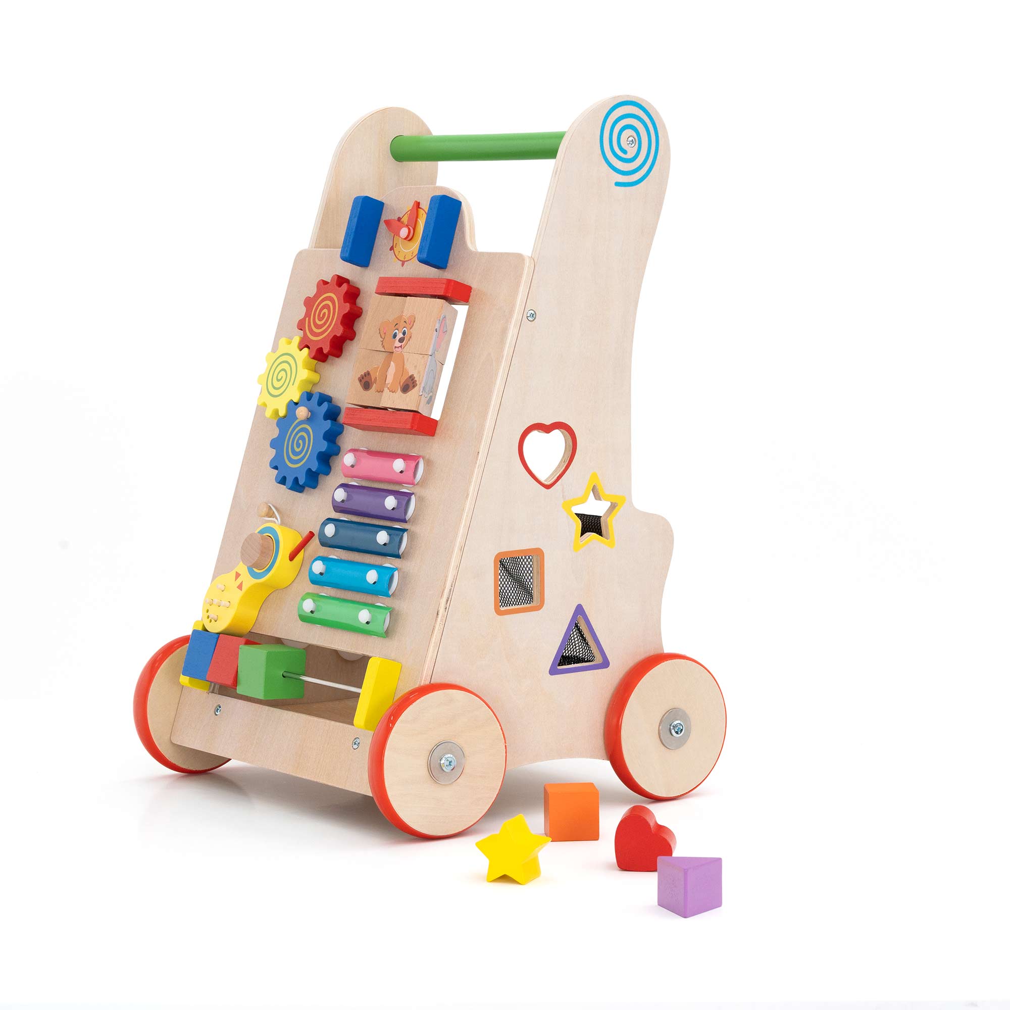 Girello Montessori con pezzi in legno e puzzle
