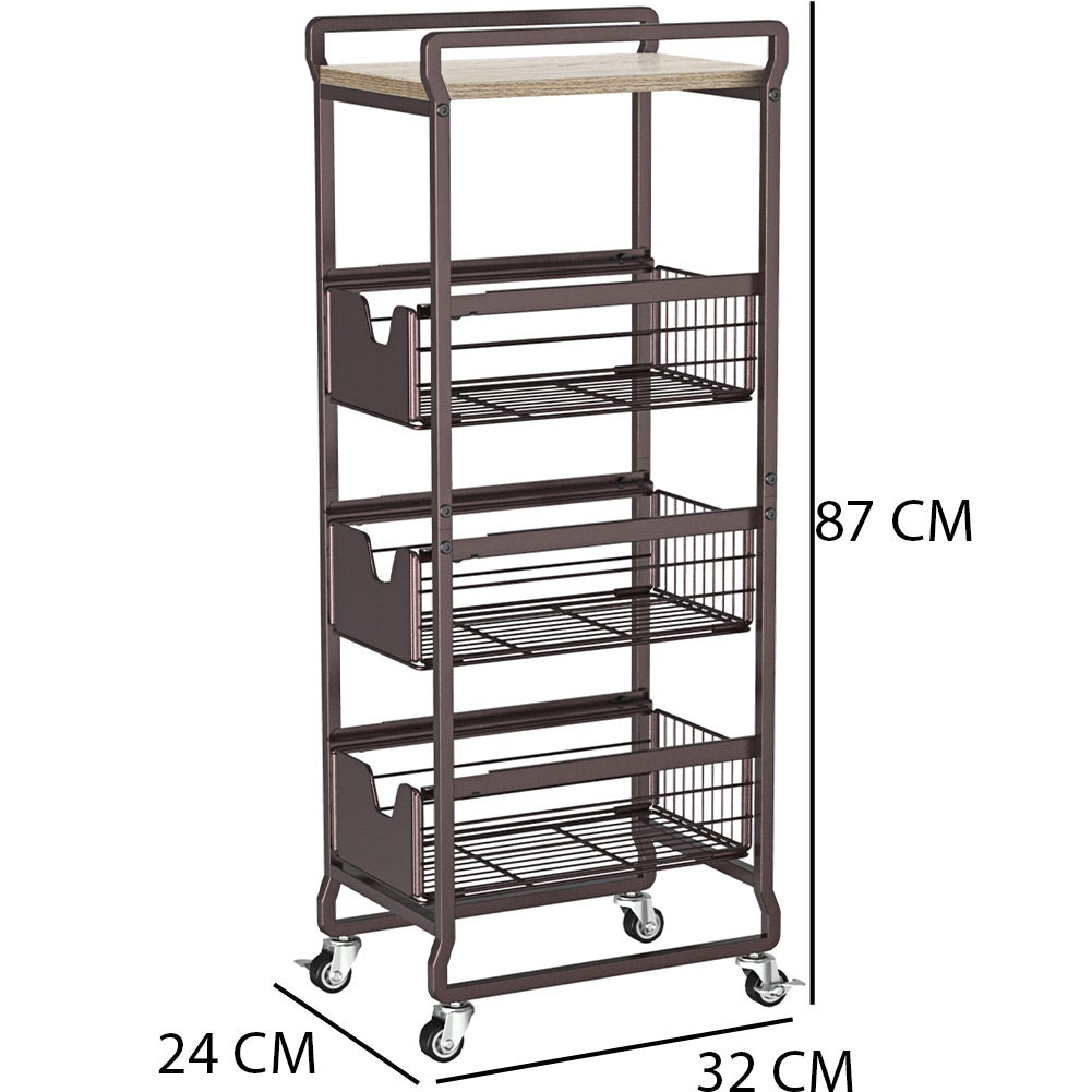 Carrello da Cucina 3 Ripiani con Ruote e 2 Cesti Portaoggetti 65x33x91cm  Bronzo