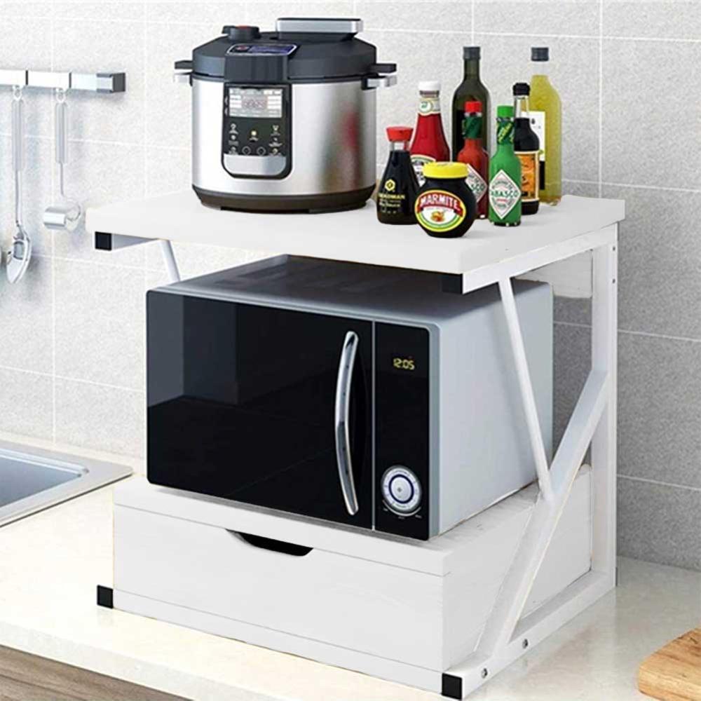 Scaffale Mensola Cucina Mobiletto Porta Microonde Cassetto Metallo Legno  Bianco