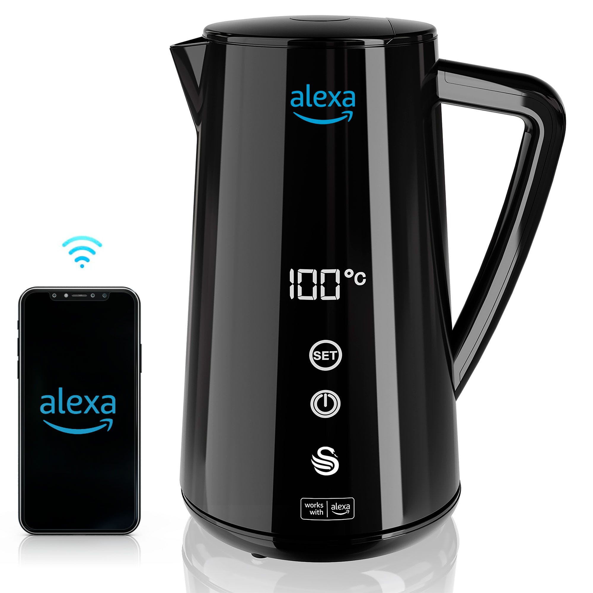 Alexa Bollitore Elettrico Intelligente WIFI 1,5 L, Senza Fili, Touch Screen  LED SWAN Nero 1800 SK14650BLKNEU