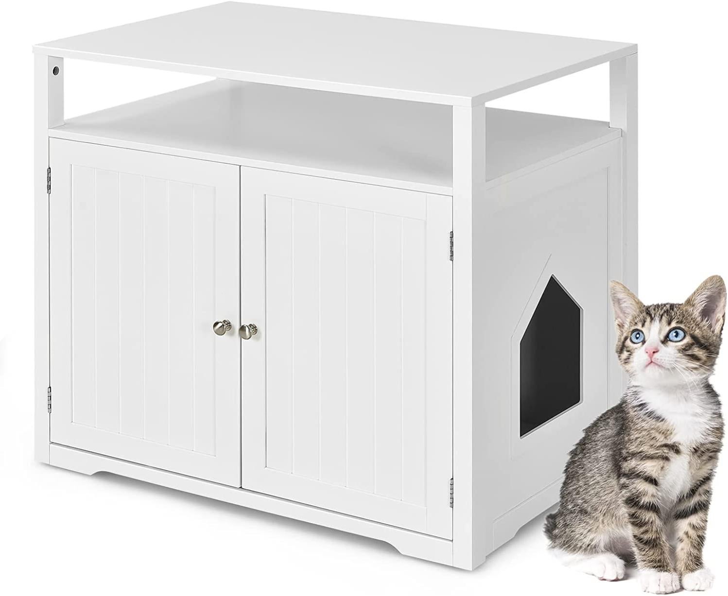 Buffet commode en bois 2 en 1 meuble à litière chats avec 2 chatières placard 80x53,5x71cm blanc