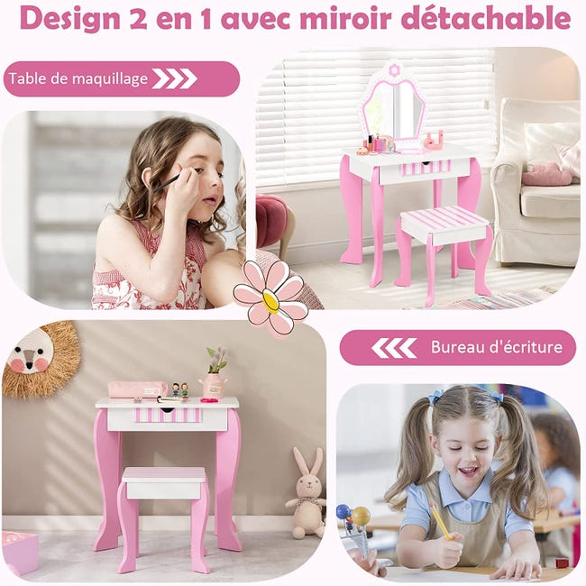 Coiffeuse pour enfants avec miroir et tabouret en bois - style princesse cadeau  pour filles rose