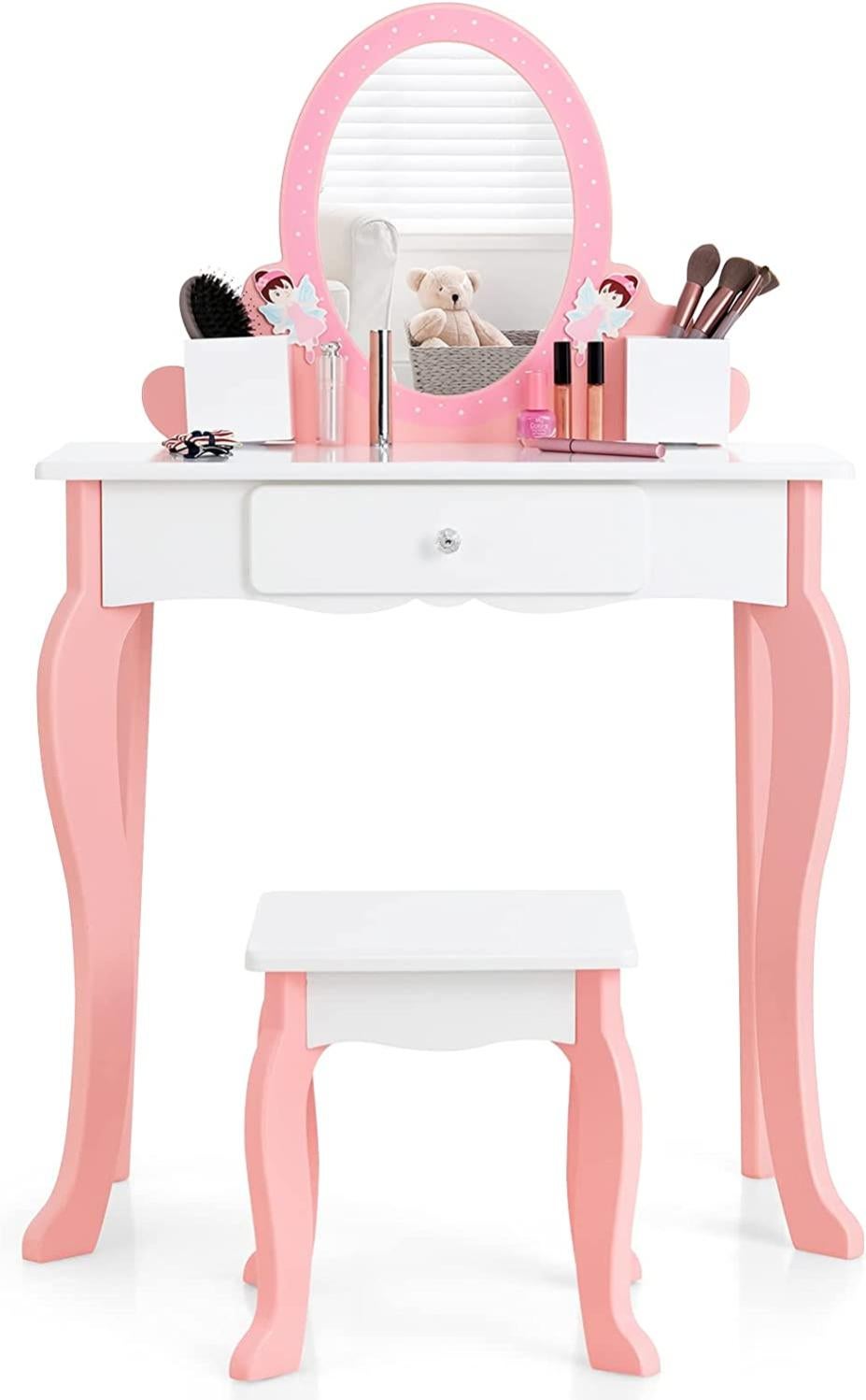 Coiffeuse Enfant Licorne Avec Miroir Et Tabouret – Rose Et Blanc | Table De Toilette Jeu De Rôle Pour Petites Filles – Dimensions 57x59x83 Cm