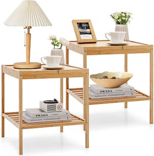 Tables de Chevet Lot de 2 en Bambou à 2 Niveaux Style Naturel 40 x 40 x 45 cm