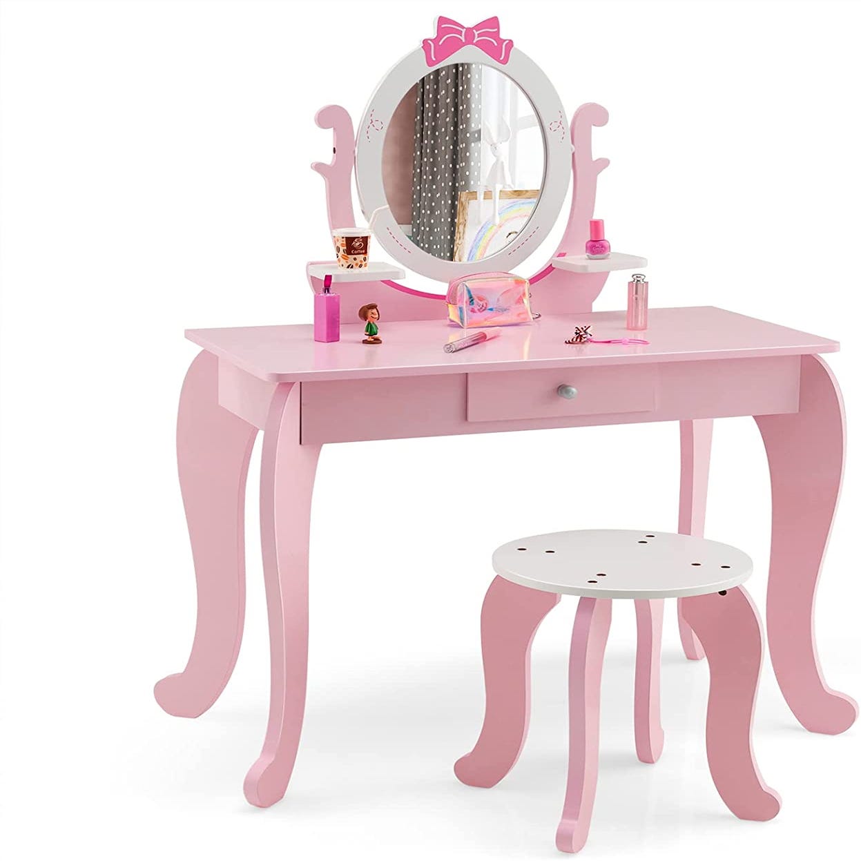 Coiffeuse pour enfant avec tabouret en bois avec miroir rotatif ovale,  tiroir et 2 étagères, rose