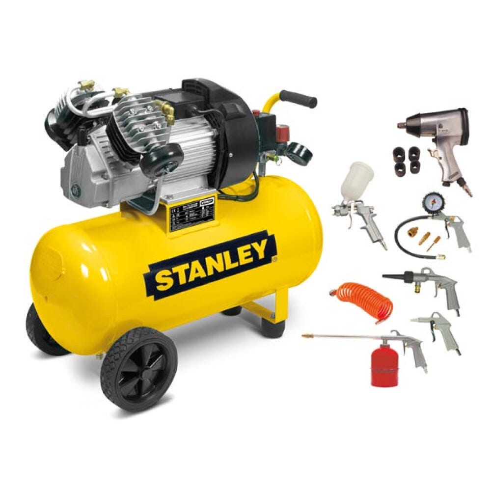 Stanley Kit compresseur, compresseur d'air lubrifié, horizontal, 3 ch, 10  bar, cuve 50 L, incl. 8 accessoires