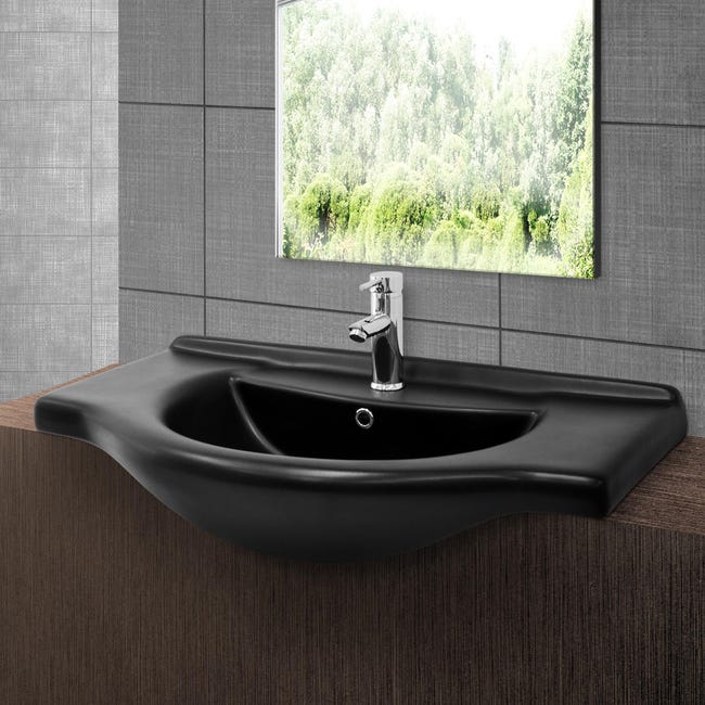 Lavabo intégré noir céramique avec bonde trop-plein trou robinet  870x505x225 mm