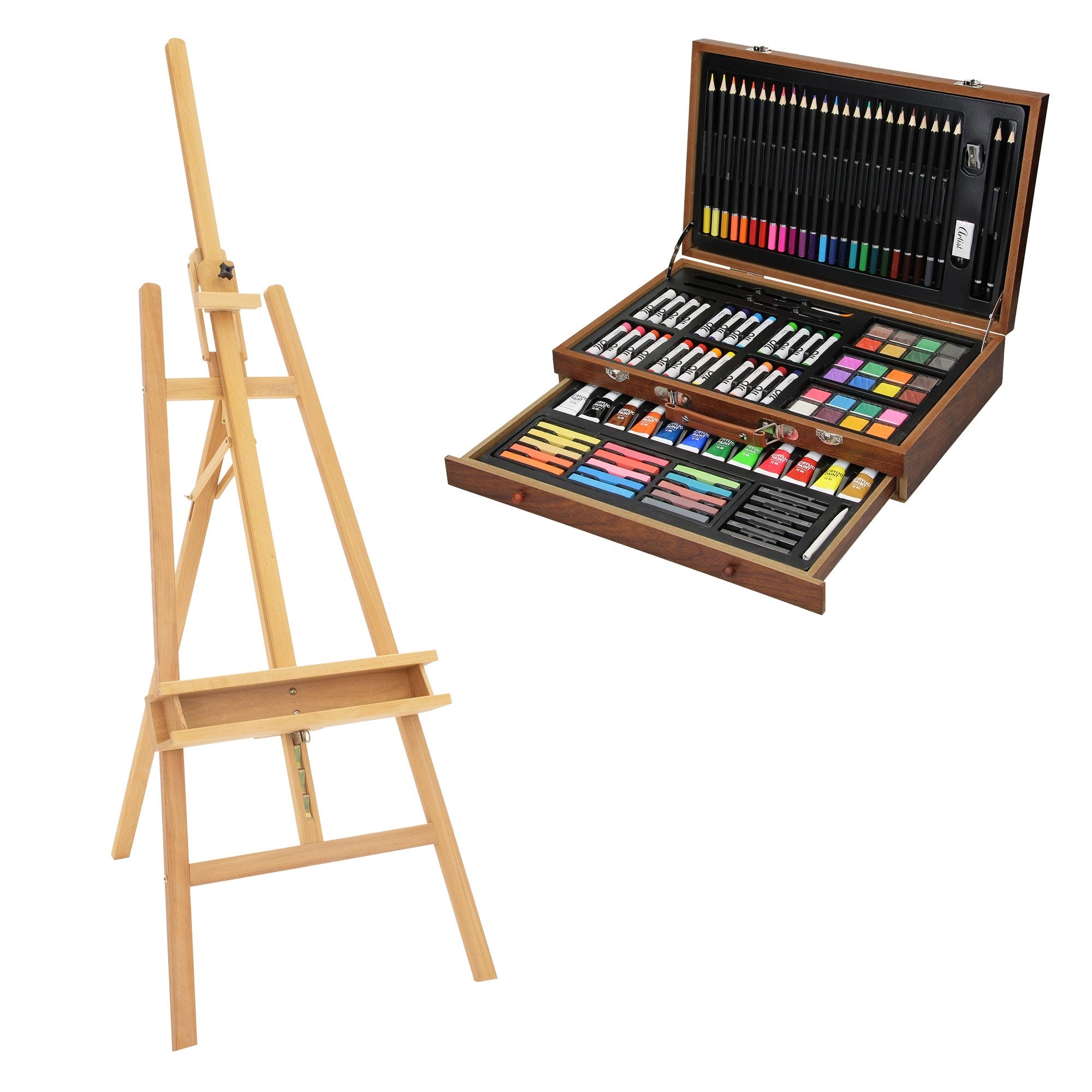 Kit de pintura con estuche maletín y caballete plegable de madera 112  piezas