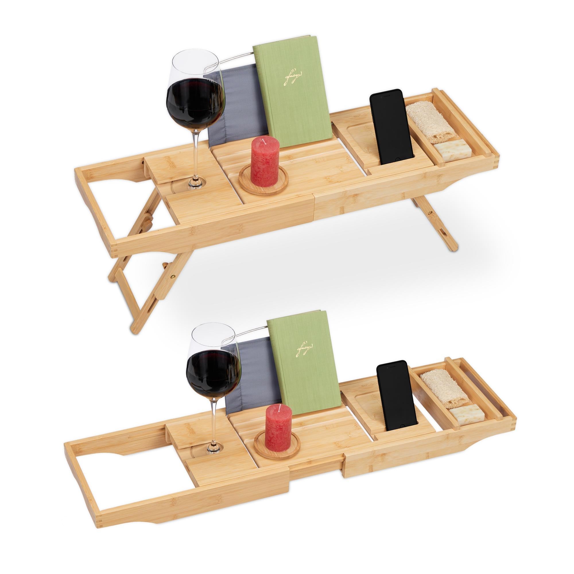 Relaxdays Plateau de Baignoire Extensible (Entre 67,5 & 101 cm), Bambou, Pieds, 3 Compartiments, 2 Porte-rasoirs, Nature