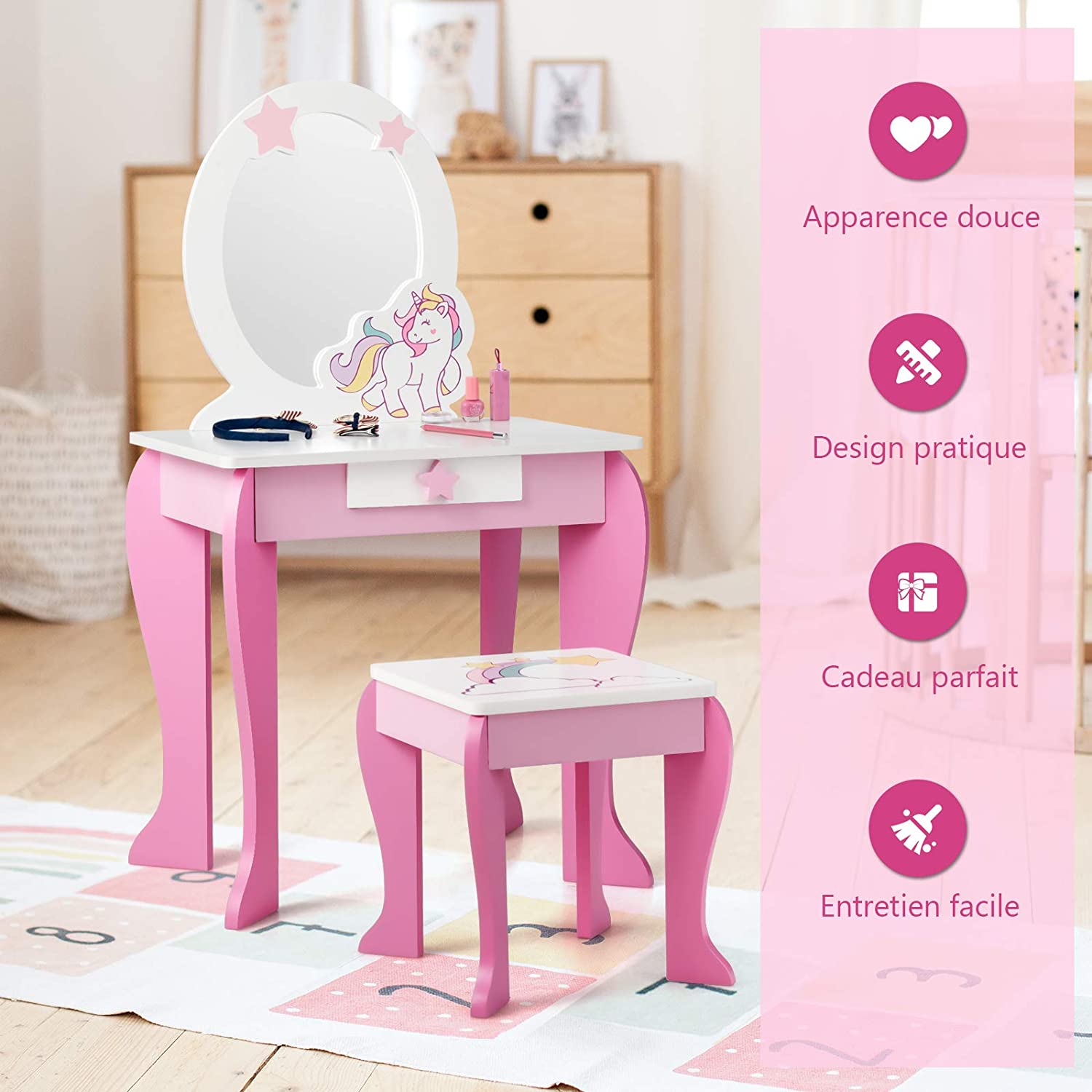 Coiffeuse pour enfant avec tabouret, miroir détachable et 1 tiroir de  rangement, blanc et rose