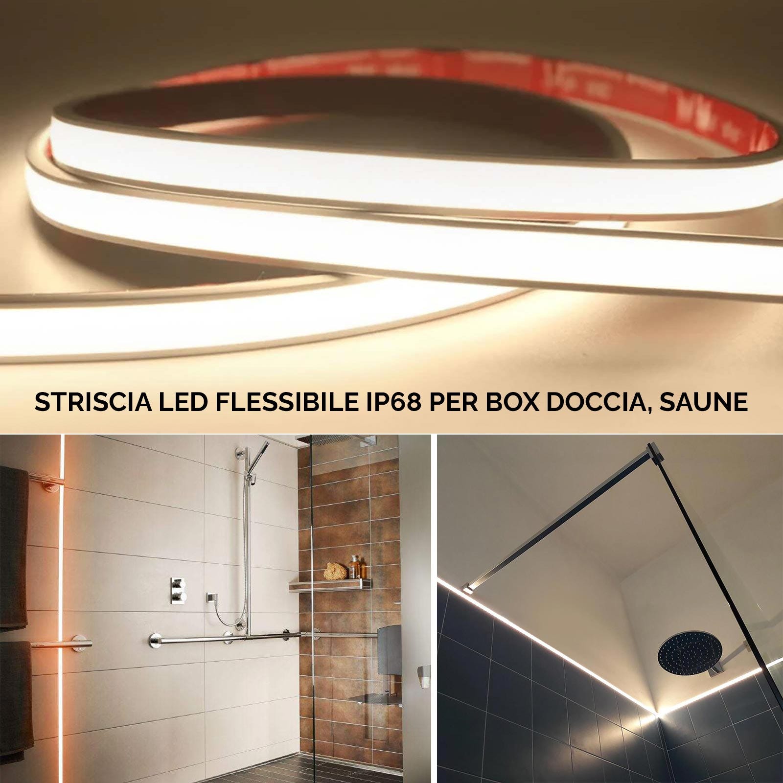 Striscia LED tenuta stagna IP68 Linear COB flessibile Neon Flex dimmerabile  24V luce per box doccia sauna bagno turco bordo vasca 2700K