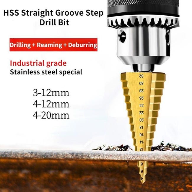 3 pièces/ensemble HSS foret à rainure droite 3-12mm 4-12mm 4-20mm outils de  travail du bois enduit de titane ensemble de forets coniques (or)