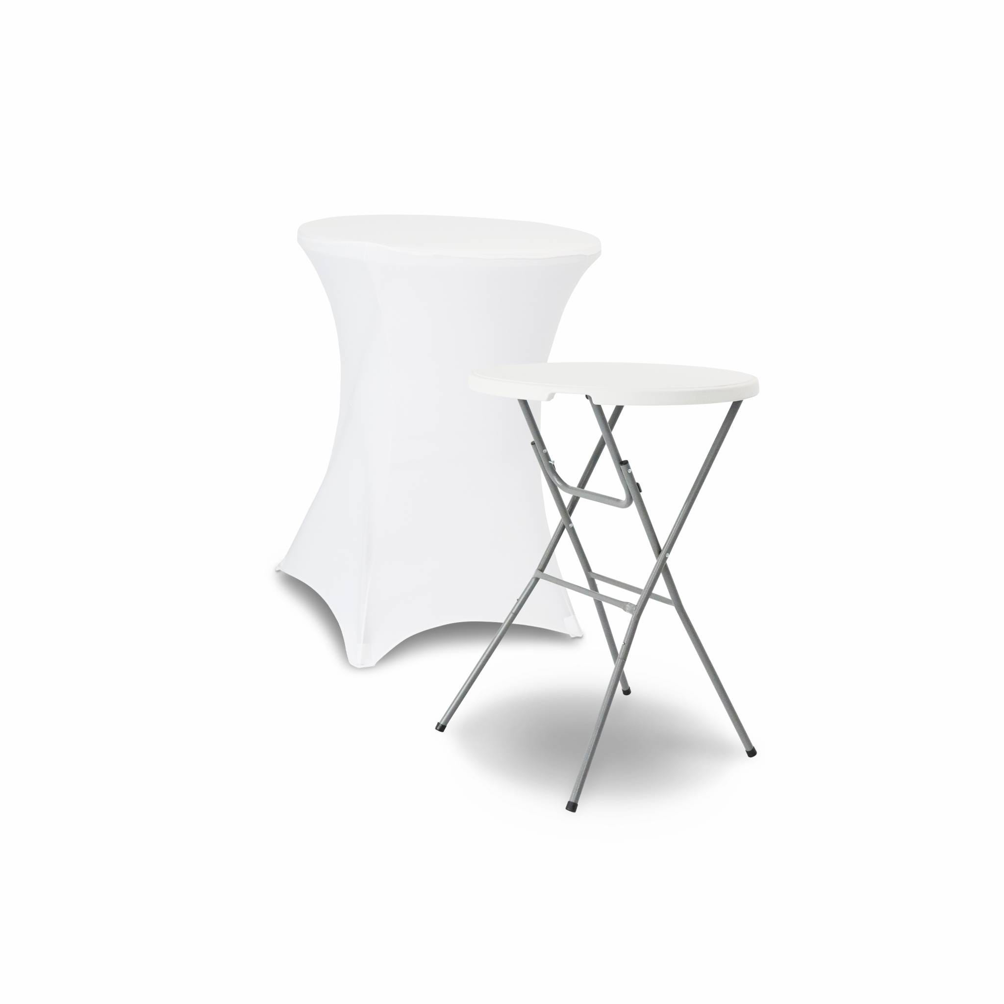 Table haute de réception – GALA – Mange debout. pliable. Ø80cm x 110cm +  housse en polyester. blanc
