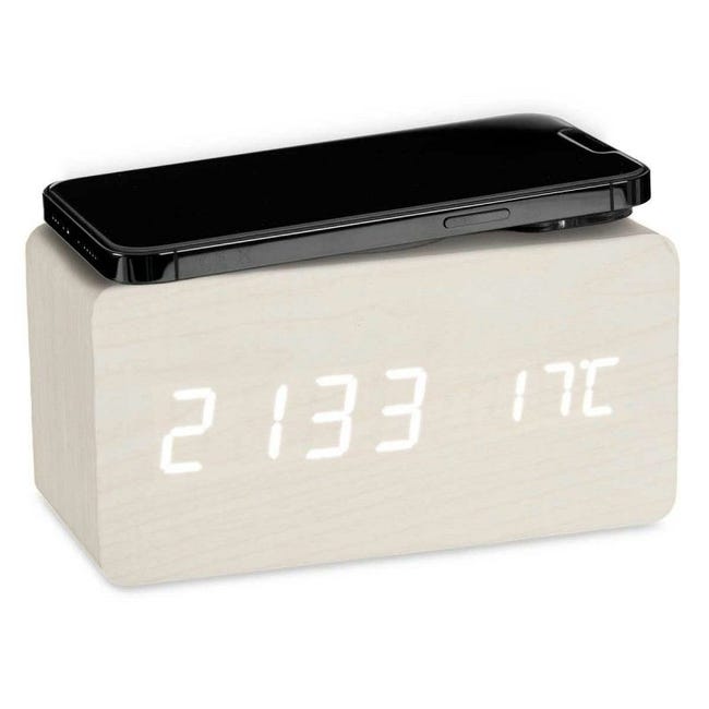 Reloj Despertador con Cargador Inalámbrico Marrón PVC Madera MDF 15 x 7,5 x  7 cm (12 Unidades) 