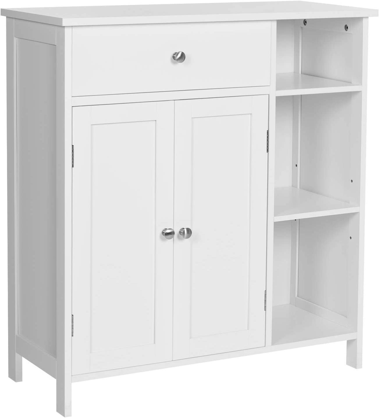 Armoire De Salle De Bain avec tiroir, 3 Compartiments Ouverts, 2 Portes
