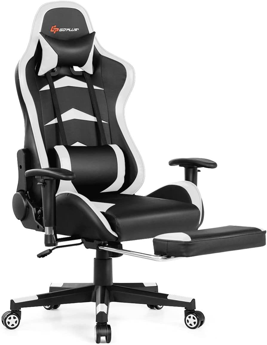 Chaise Gaming Ergonomique, Réglable en Hauteur et Accoudoirs, ReposePieds, Charge 150kg Blanc