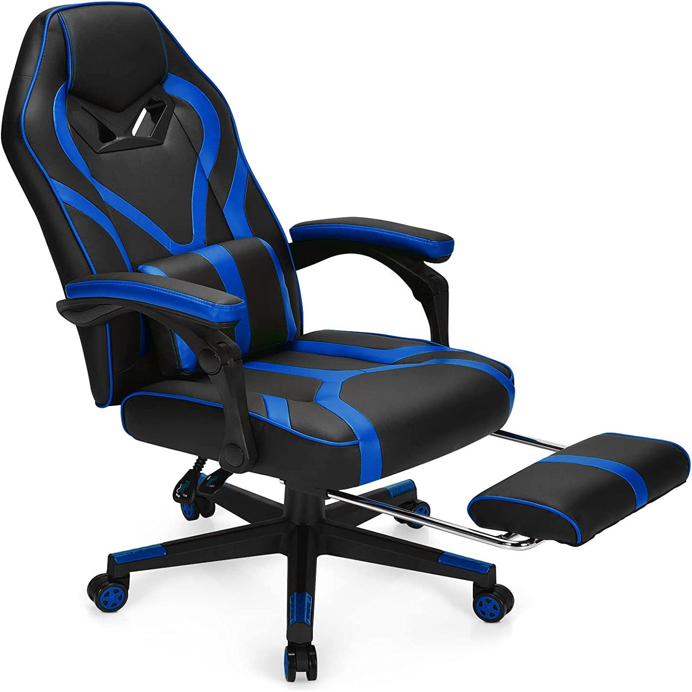 Gaming chair chaise de bureau, repose-pieds, hauteur réglable, angle  d'inclinaison ergonomique 90-135° Charge 150 kg Noir Bleu Moderne -  Songmics