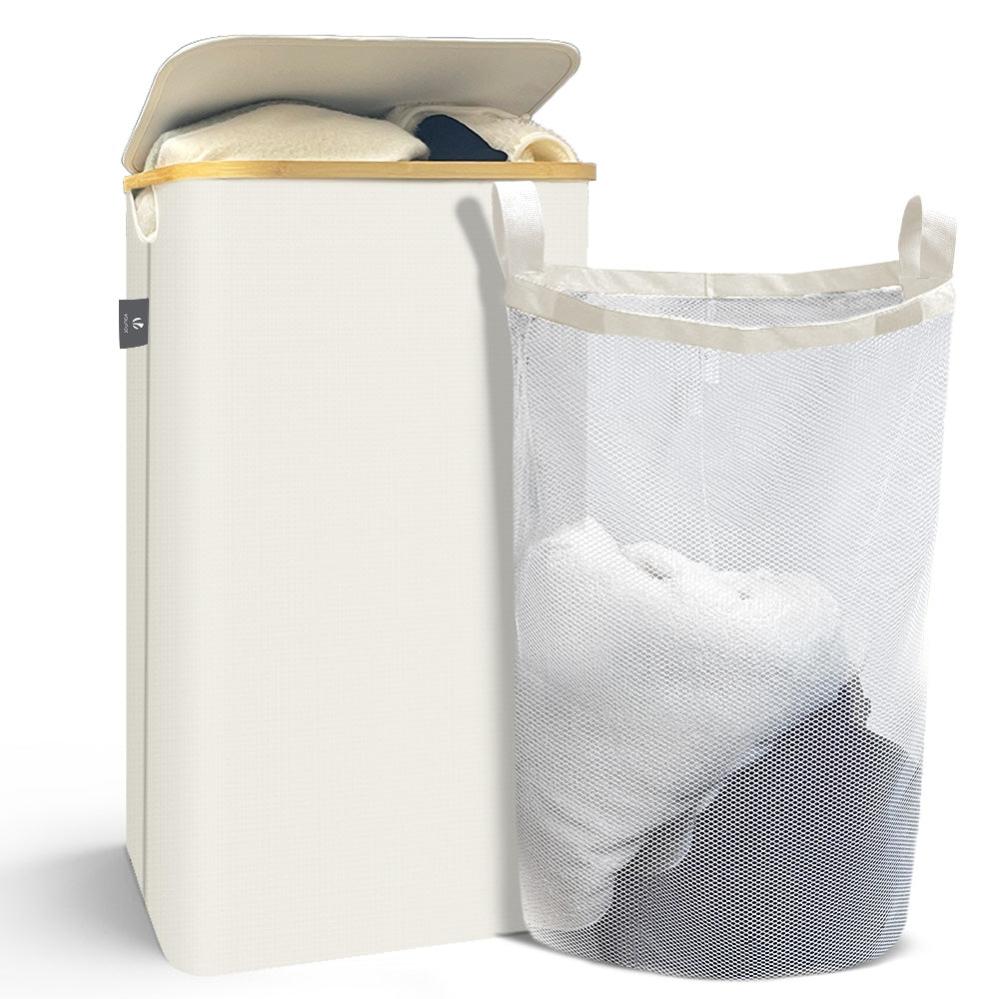 Cesto Portabiancheria BALEINE Con Coperchio E Manici In Bambù – Alta Capacità 100/140 Litri, Con Supporto Interno, Per Camera/Bagno, Colore Blu - 6