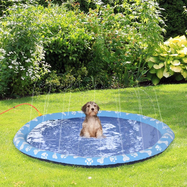 Piscine tapis à jet d'eau pour chien Ø 1,5 m PVC bleu motifs os pattes