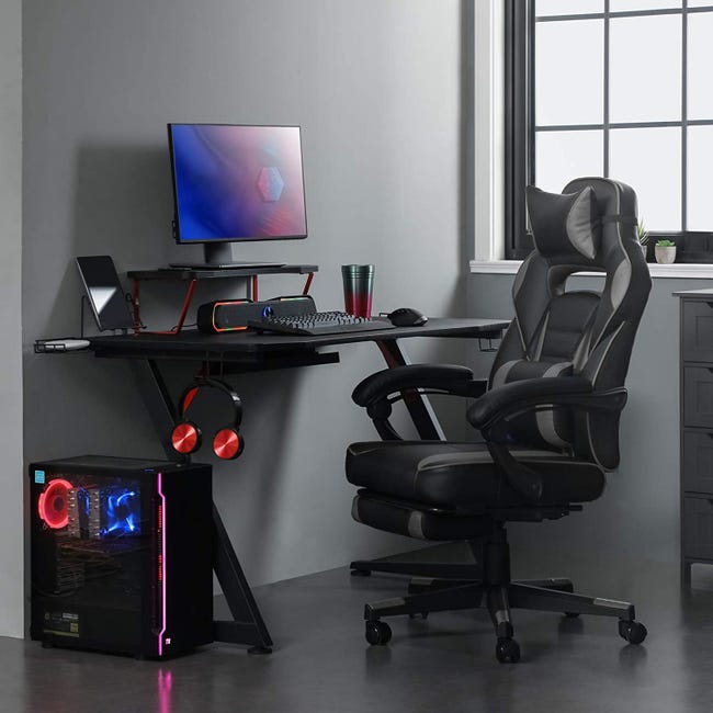 Fauteuil gamer, Chaise gaming, Siège de bureau réglable, avec repose-pieds  télescopique, support lombaire, charge 150 kg, Noir et gris