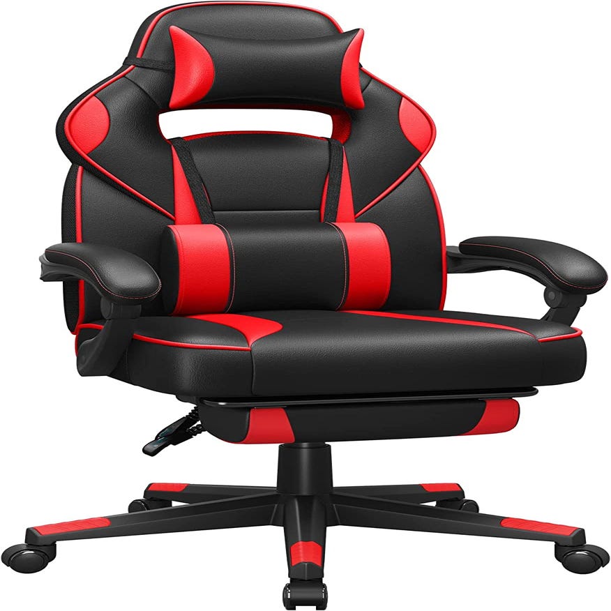 Fauteuil de bureau,chaise de bureau gamer, fauteuil de gaming foxsport  réglable avec repose-pied,accoudoirs 2d reglables, coussin de tête et  coussin lombaire rouge et noir FS-Gamingchair-red-pedal1 - Conforama