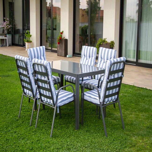 Conjunto Jardin Mesa con 6 Sillas TENERIFE Mesa Jardin Exterior mesa 150x90  gris antracita y cojines blanco y azul Textiline. Ideal para 6 personas