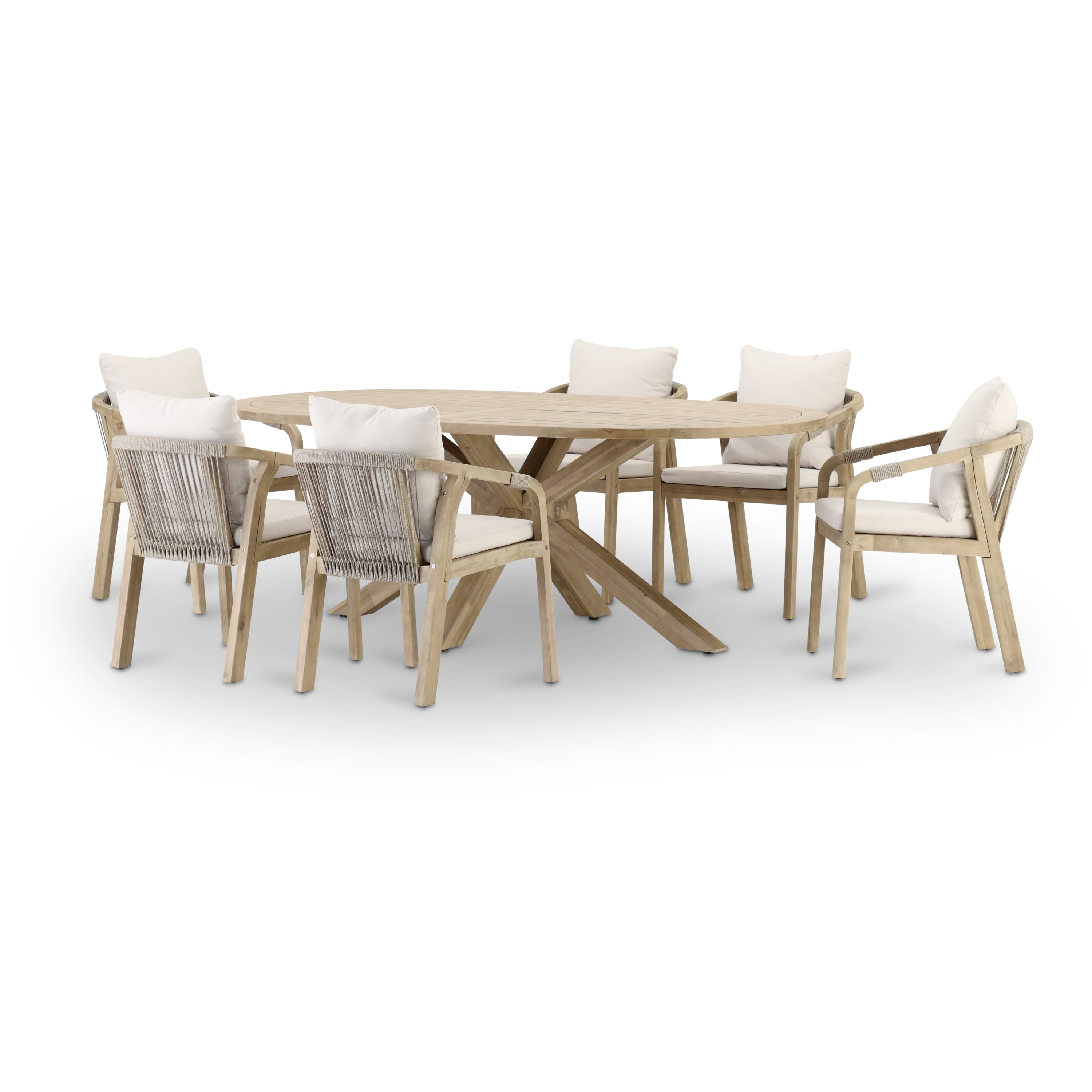 Conjunto mesa redonda jardín 150 cm y 6 sillas de madera y cuerda -  Zanzibar