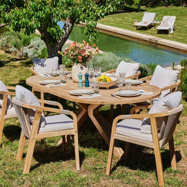 Conjunto de jardín mesa oval 220x115 y 8 sillas cuerda beige - Riviera
