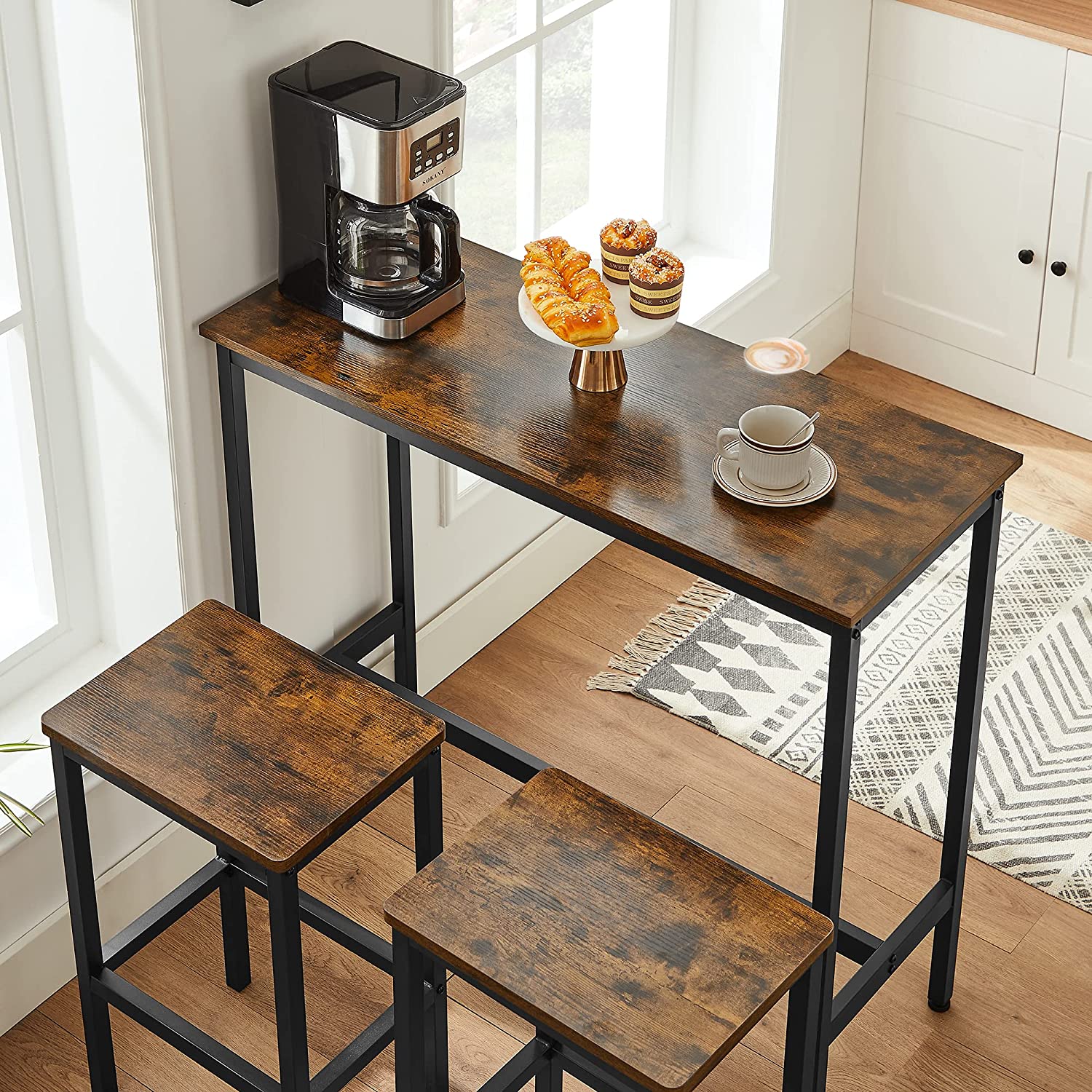 Ensemble Table De Bar Avec Tabourets, Table À Manger Avec 2 Chaises,style  Industriel, Marron Rustiqu