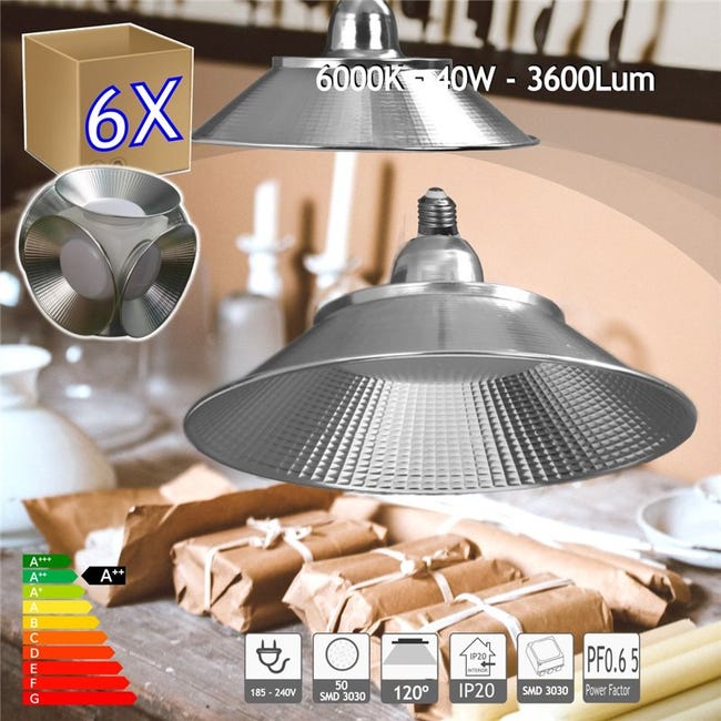 Pack x6 Ampoule Led E27 40W Lumière Froide 6000K, Forme Cloche Industrielle